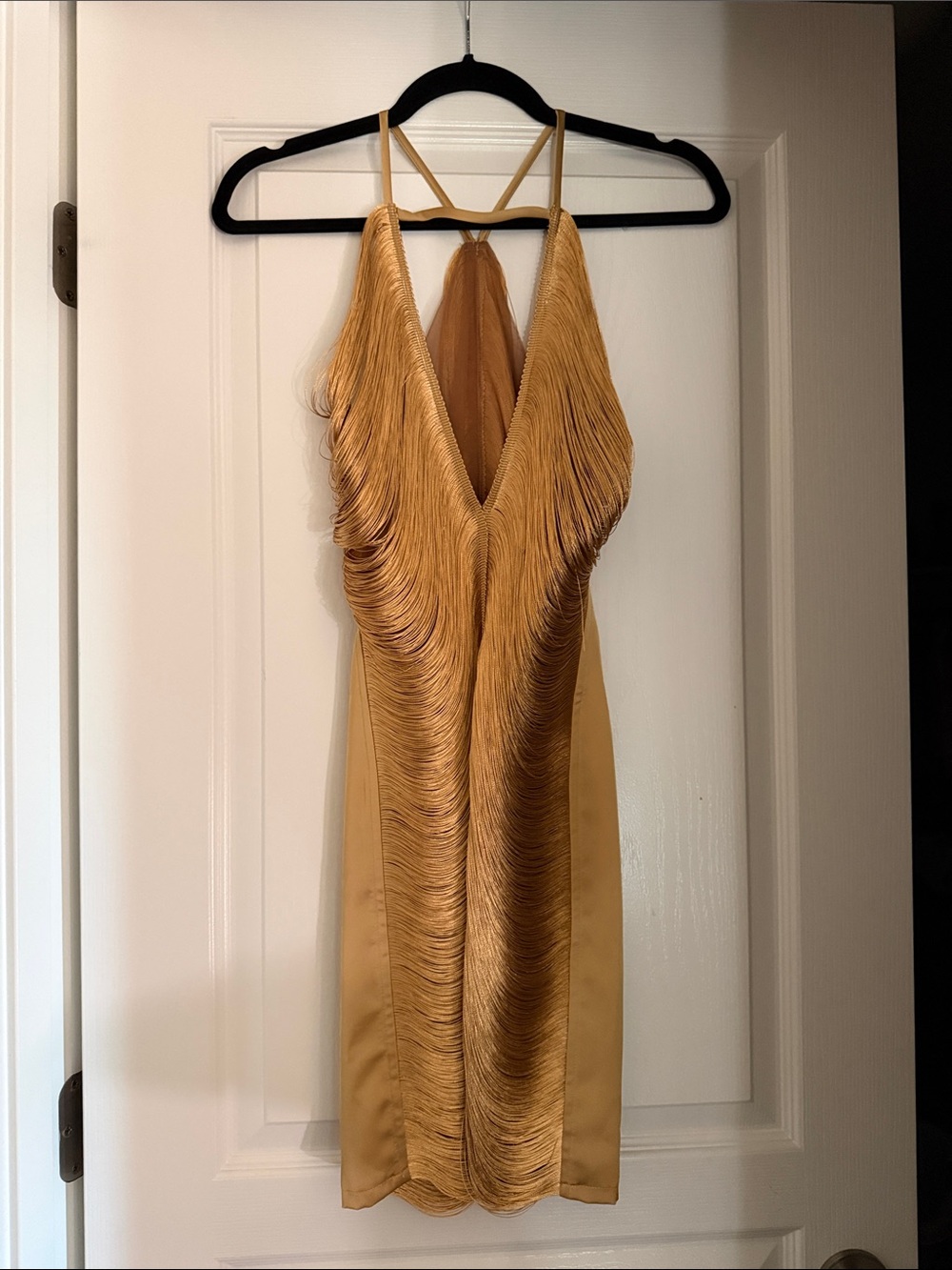 Gold Sleeveless Fringe V-Neck Cocktail Dress